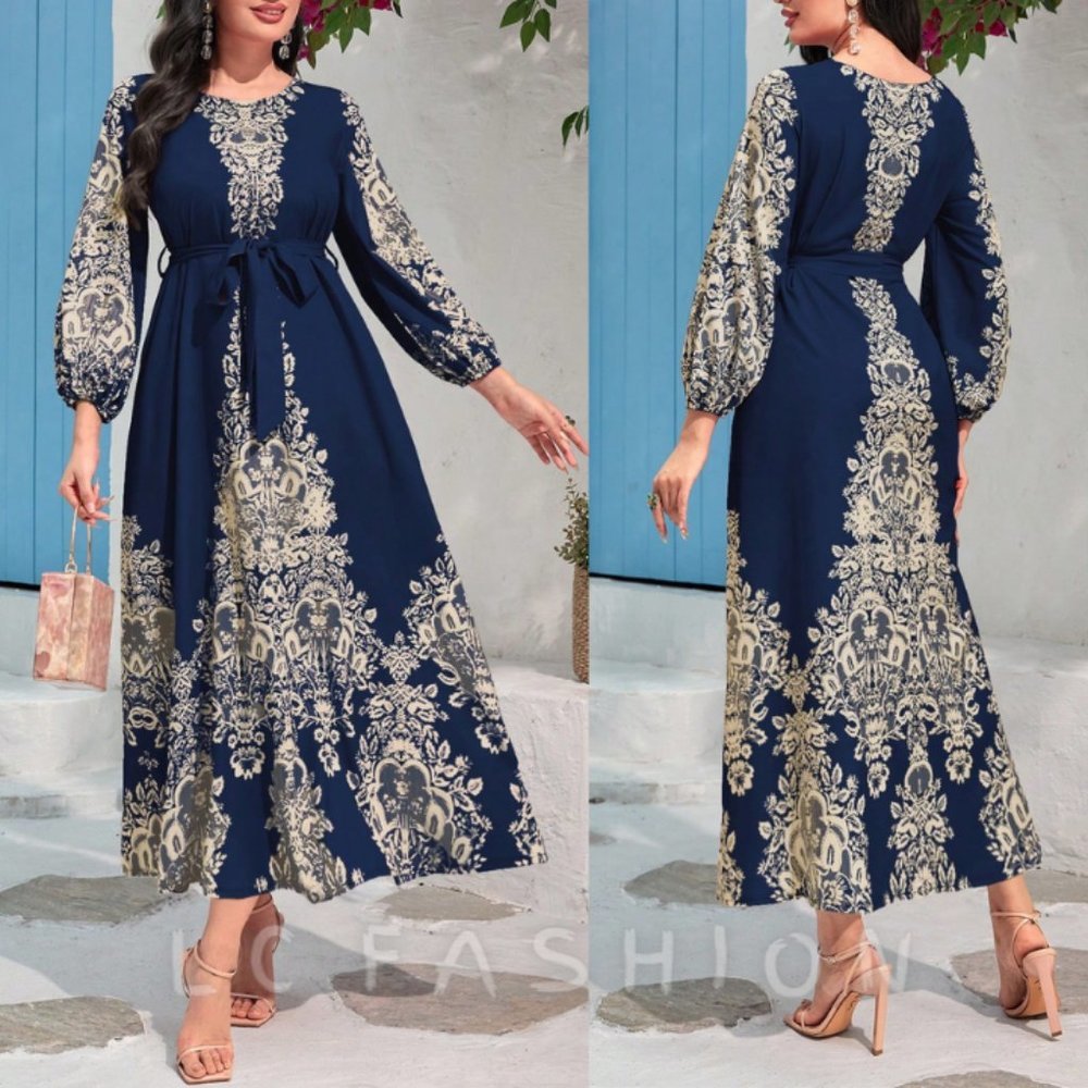Belted Dress, Boho Floral Print Lantern Sleeve Belted Dress, Summer Dress